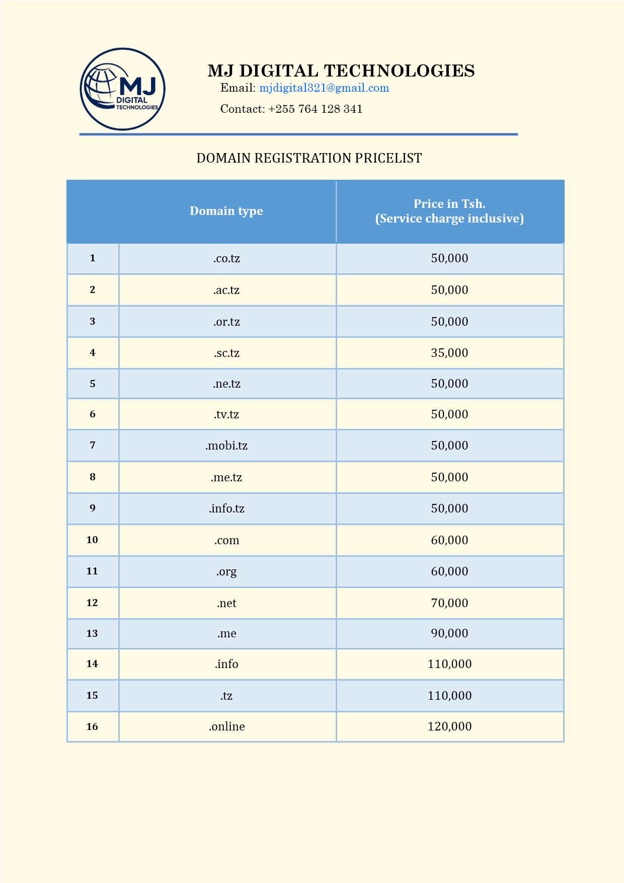 Domain registration pricelist image